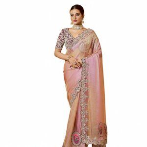 Exquisite Zari Organza Silk Pink Saree - Luxury Designer Embroidered Wear